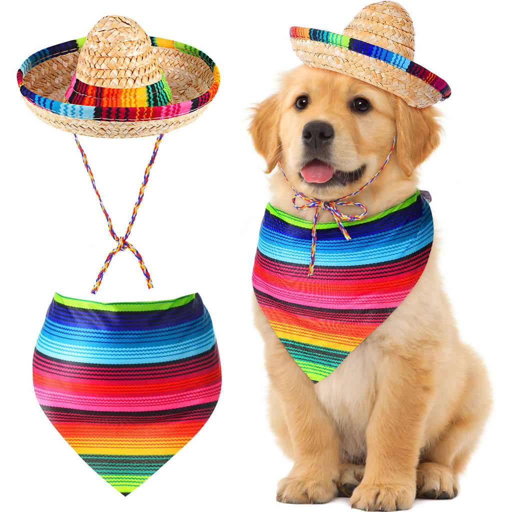 Dog Sombrero Hat Multicolor Sombrero Party Hats Straw Mexican Hat and Dog Bandana Pet Triangle Bib Costume for Mexican Cinco De Mayo Fiesta Party Decorations - BeesActive Australia