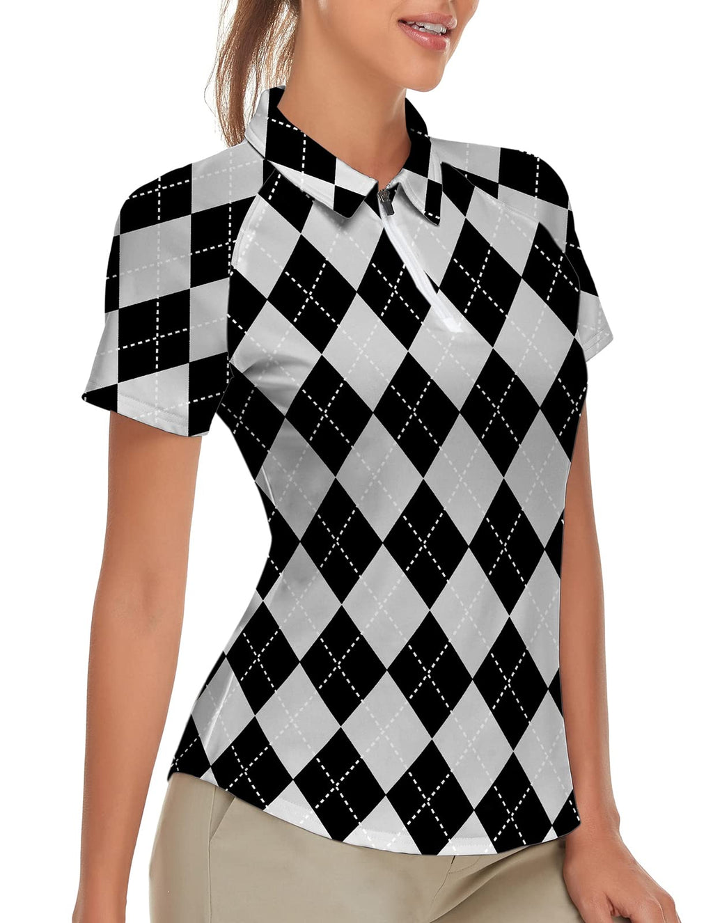Women's Golf Shirt Short Sleeve Tennis Shirt Quarter Zip Golf Pullover Golf Polo Shirts Argyle Summer Dry Fit Tops Small Grey Argyle - BeesActive Australia