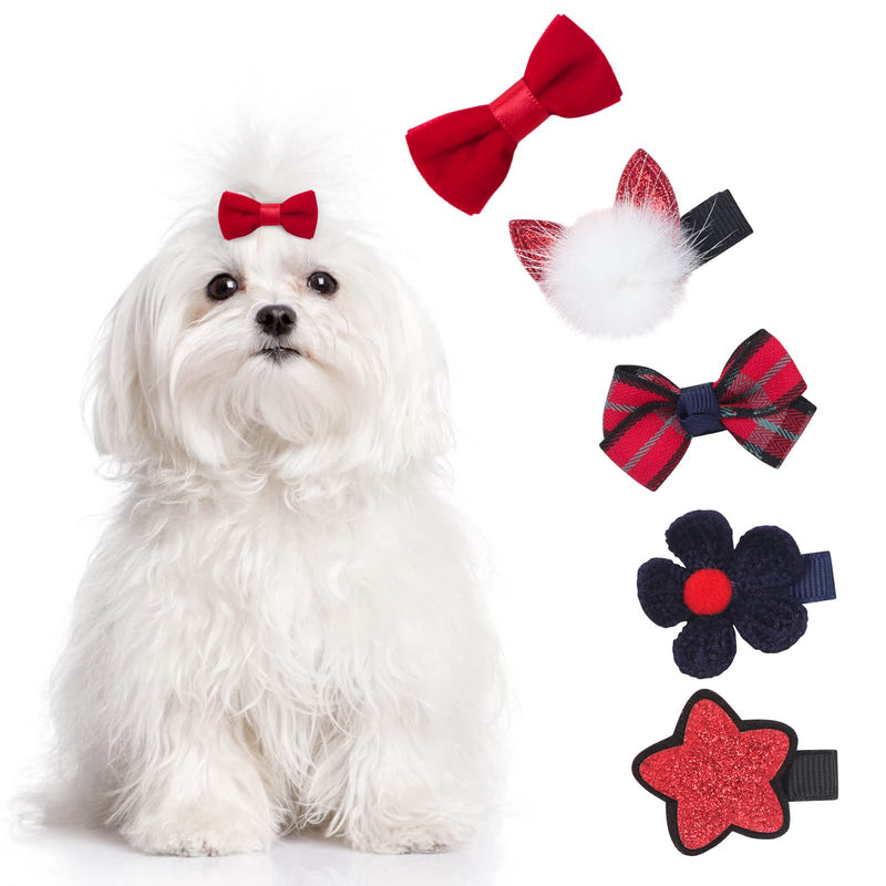 PetsHome Dog Hair Clips 5 Pcs Cat Dog Hair Bows Pet Hair Barrettes Crown Hair Pins Handmade Cute Patterns Dog Grooming Hair Accessories for Pet Cat Dog Red - BeesActive Australia