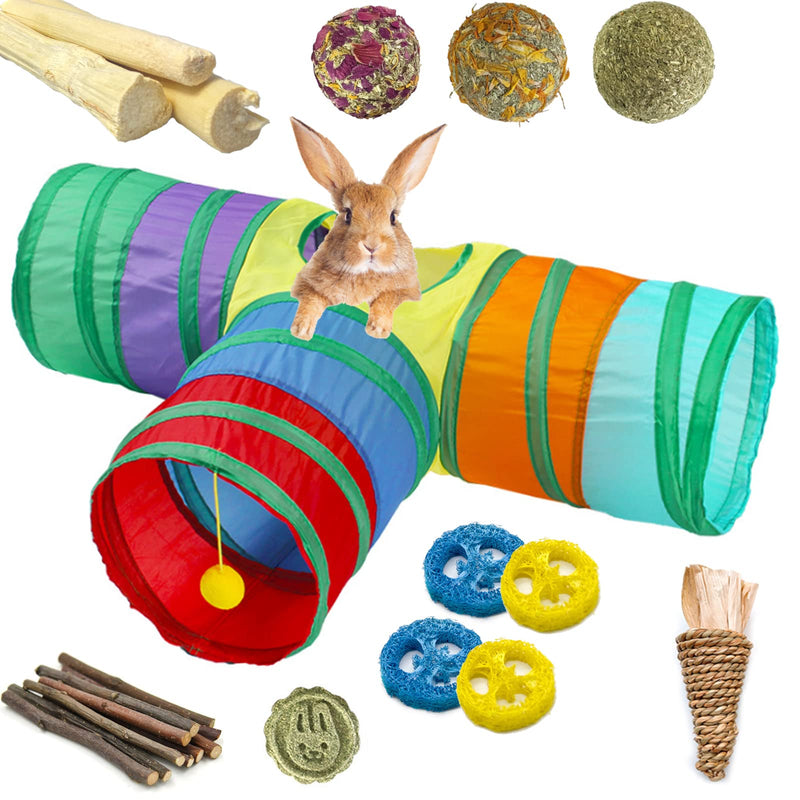 Rabbit Toys, Bunny Tunnels and Tubes with Chew Toys for Grinding Teeth Apple Sticks Bamboo Carrot Loofah and Grass Ball for Rabbit Guinea Pig Chinchilla Ferret Rat - BeesActive Australia
