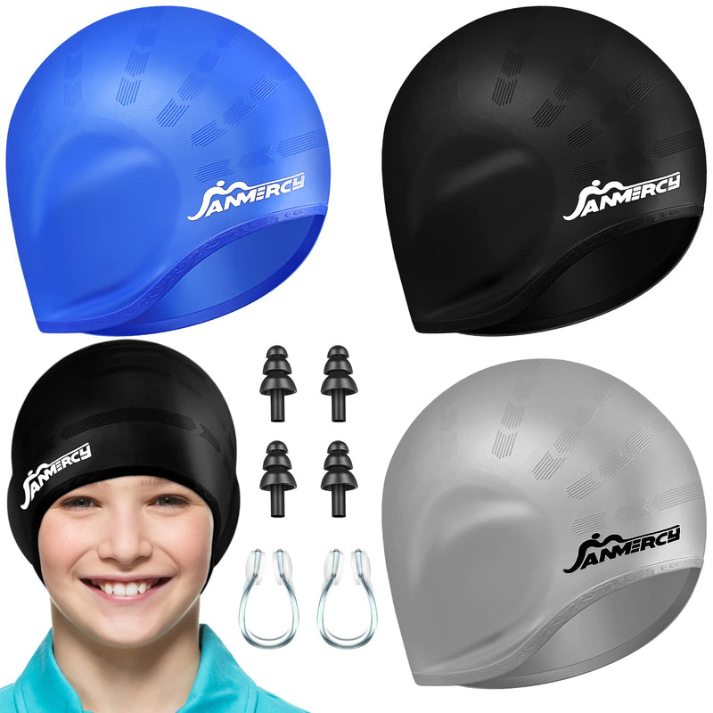 3 Pieces Swim Caps for Kids with 3D Ear Pocket, Swimming Cap Silicone Bathing Swimming Caps with 2 Pairs Ear Plugs Nose Clip for Women Men Kids Teens Adults - BeesActive Australia