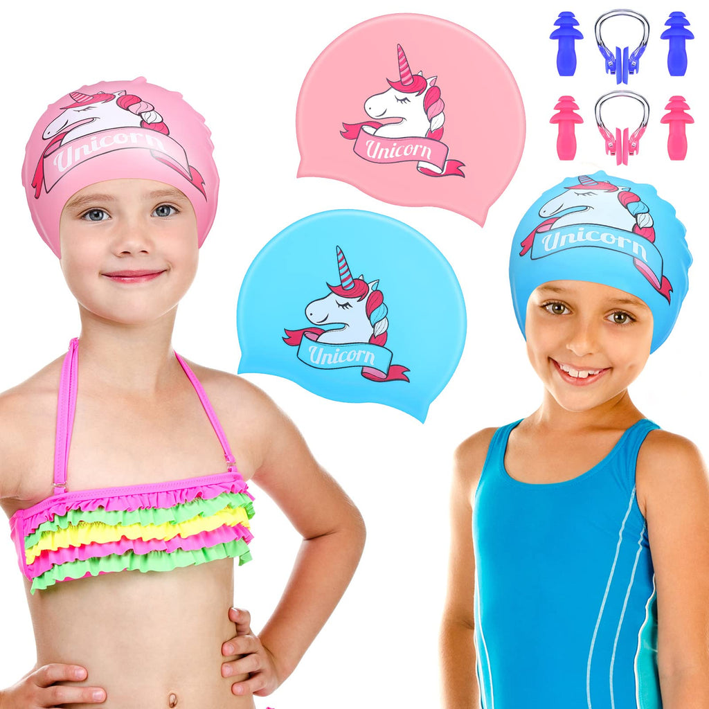 Kids Swim Caps for Kids Toddler Girls Boys Aged 4-12, 2 Pcs Silicone Waterproof Bathing Caps Baby Swimming Cap Swim Hat to Keep Hair Dry with 2 Pairs Earplugs and Nose Clips for Long and Short Hair - BeesActive Australia