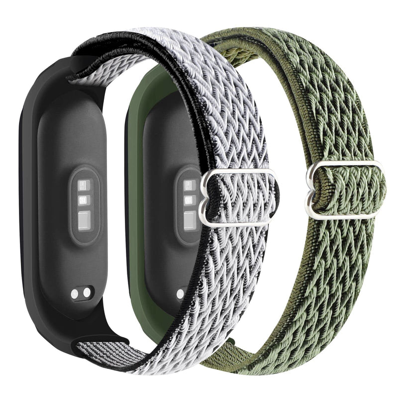 【2Pack】 Adjustable Elastic Band Compatible with Xiaomi MI BAND 3/4/5/6 Strap for Men Women，Stretchy Nylon Sports Strap Replacement Wristband Accessories for MI BAND 6/5/4/3 Fitness Tracker Wavy Black White + Wavy Army Green - BeesActive Australia