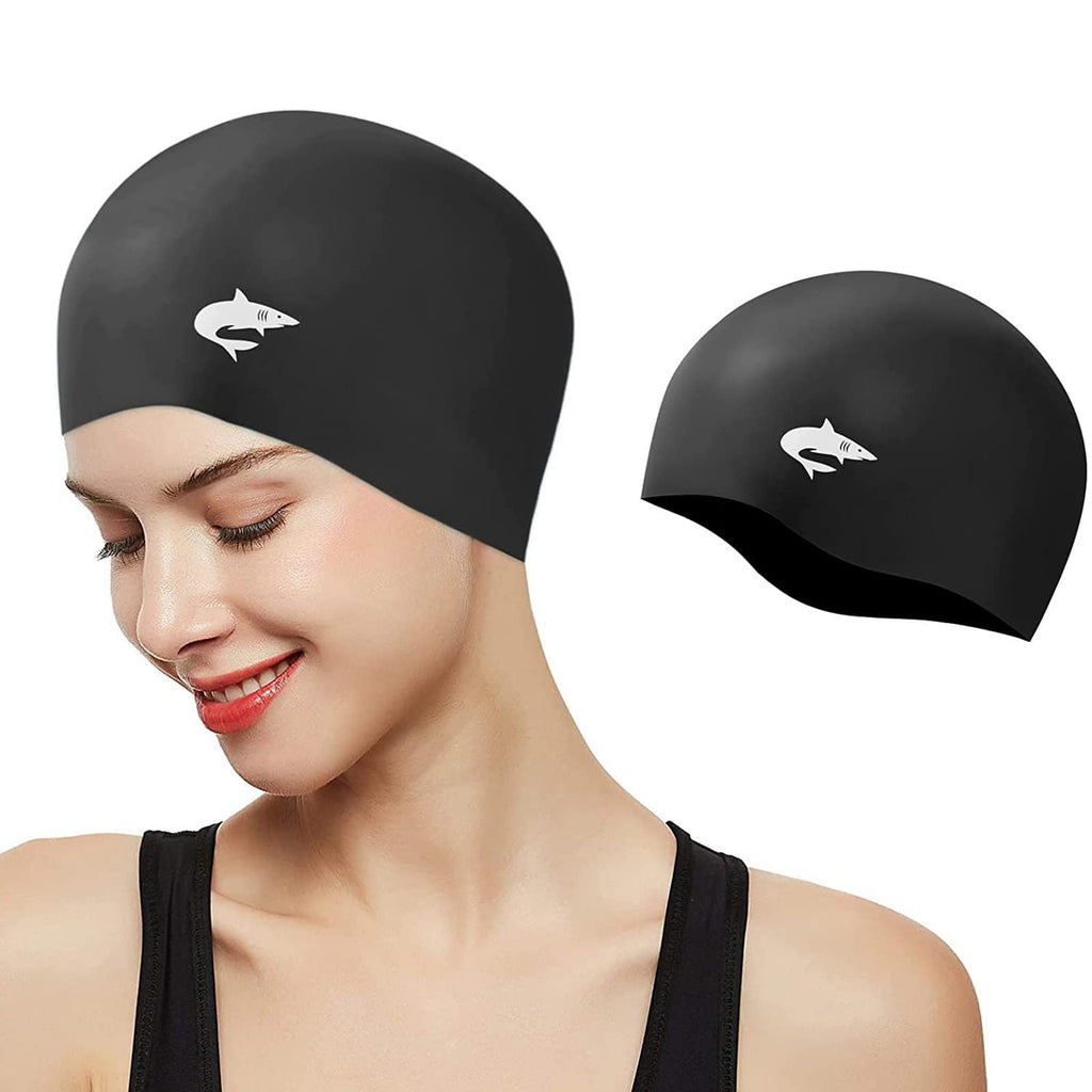 Silicone Swim Caps for Long Hair, Cover Ears Swimming Caps with 3D Ear Pockets or Adult Youths, Flexible Waterproof Swimming Caps for Women #1 Basic-black - BeesActive Australia