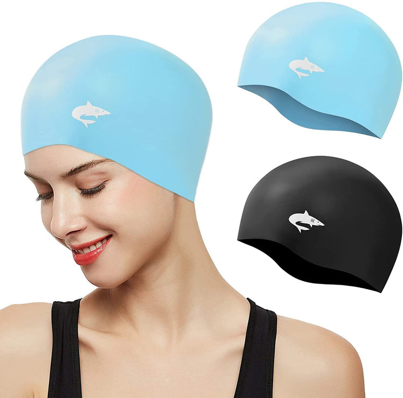 Silicone Swim Caps for Long Hair, 2PCS Cover Ears Swimming Caps for Adult Youths, Flexible Waterproof Swimming Caps for Men Women, Black+Blue - BeesActive Australia