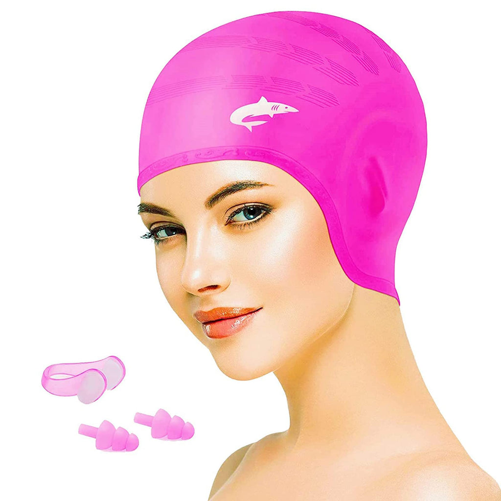 Silicone Swim Caps for Long Hair, Cover Ears Swimming Caps with 3D Ear Pockets or Adult Youths, Flexible Waterproof Swimming Caps for Women #2 Upgrade-rose red - BeesActive Australia