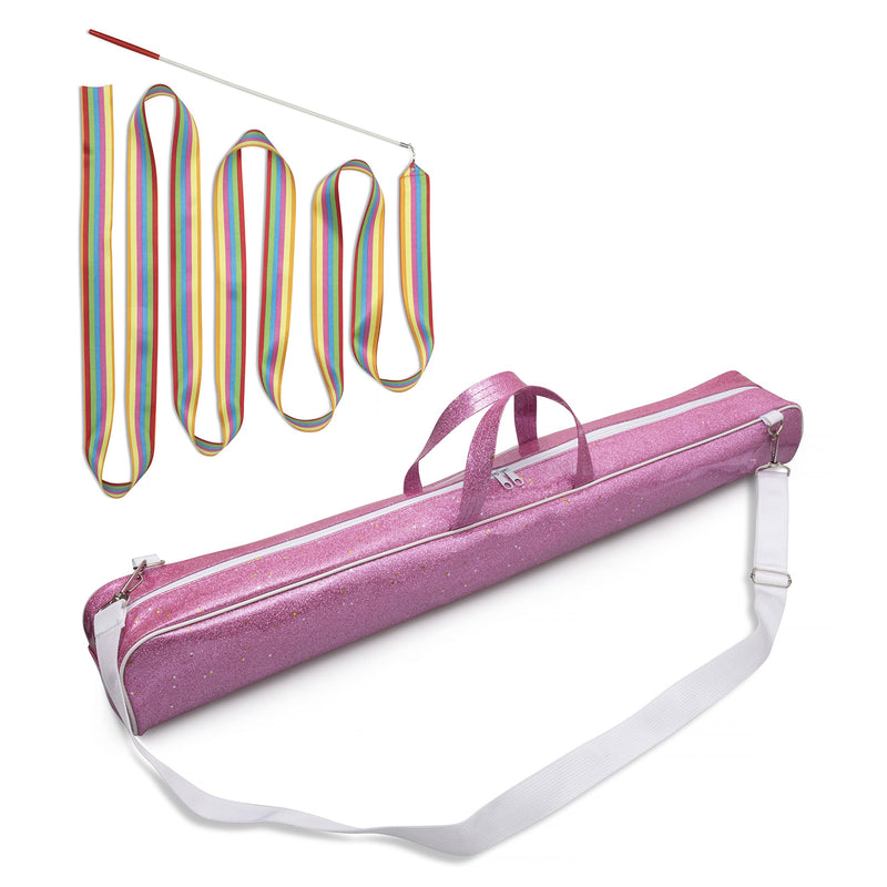 Cintrio Twirling Baton Bag with Shoulder Strap - Sparkle Glitter Light Pink Case for Majorette Marching Dance Batons - Complete with Rainbow Dance Ribbon Streamer - BeesActive Australia