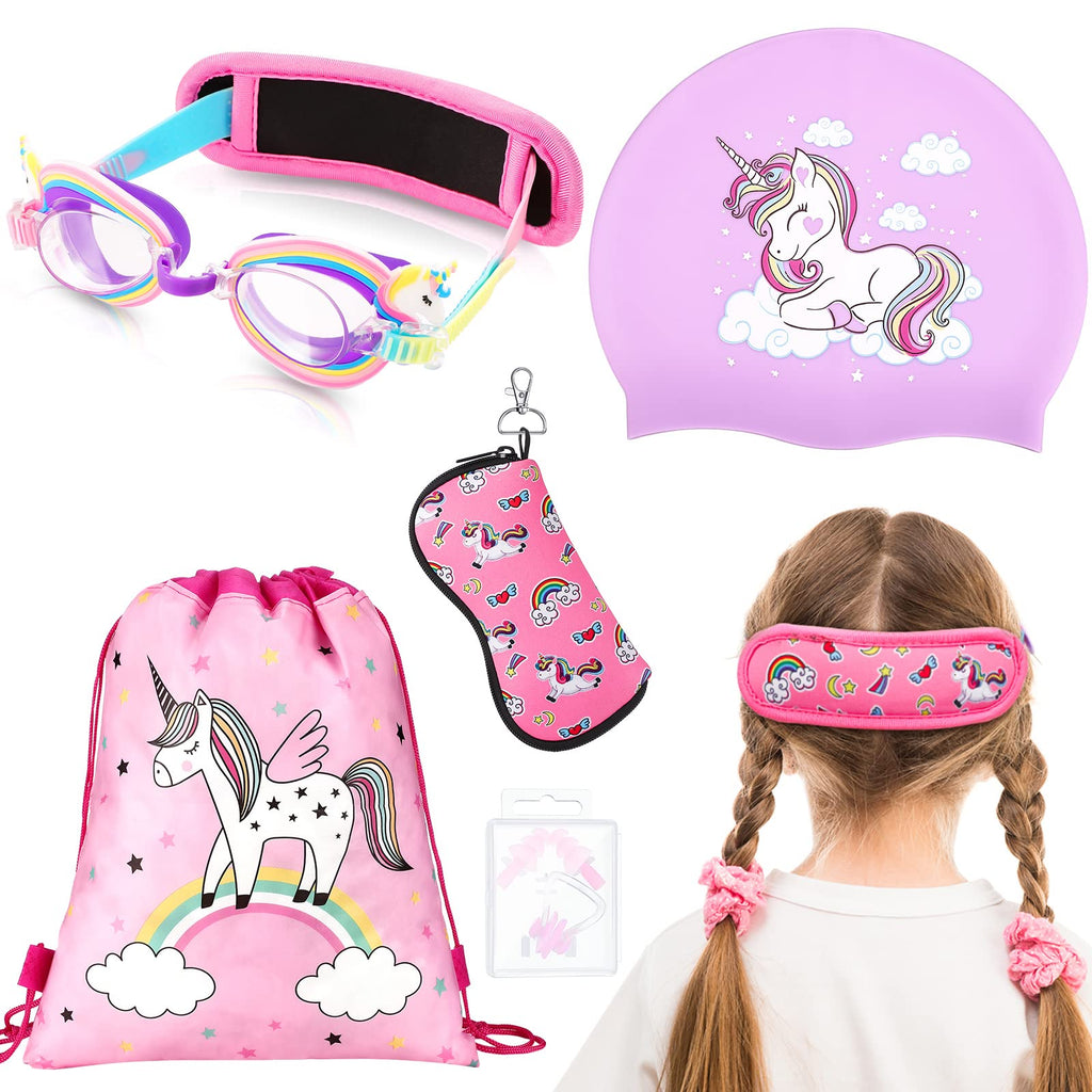 Kids Swim Cap for Girls (Age 3-12) Including Kids Unicorn Swim Goggles with Strap Cover and Case Waterproof Silicone Swimming and Bathing Caps for Long and Short Hair, Ear Plug and Nose Clip - BeesActive Australia