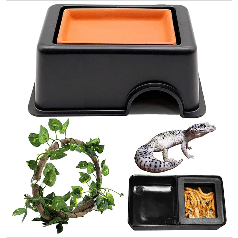 Woyrise Reptile Hideout Box with Sink Humidifier Help Your Pets Shedding Gecko Hide Cave& Jungle Vine Leaves Habitat Decor for Bearded Dragons Lizards Leopard Gecko Spiders Turtles and Snakes - BeesActive Australia