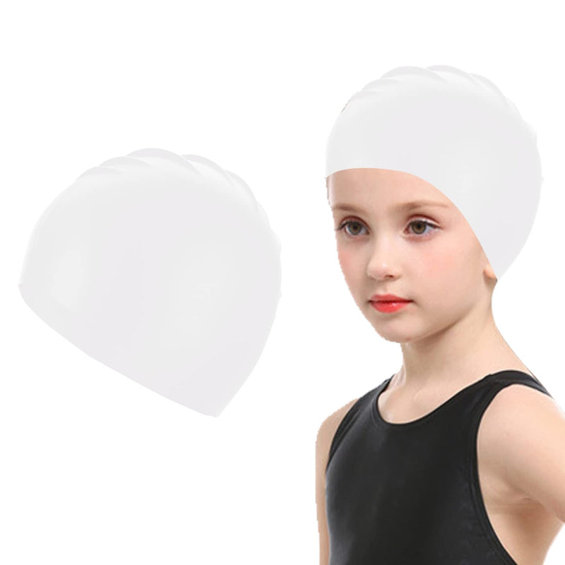 Doovid Kids Swim Caps Waterproof Swimming Cap Toddler Boys Girls Bathing Caps Age 3-8 Long and Short Hair Silicone Swim Cap C White One Size - BeesActive Australia