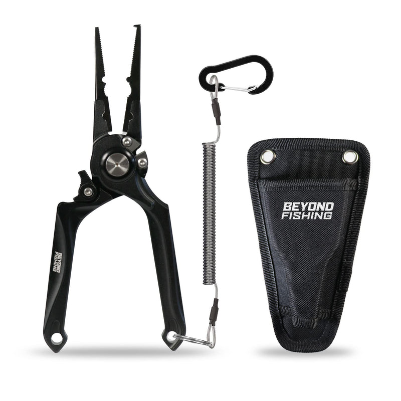 Beyond Fishing Pro Aluminum Series 8 Inch Multifunction Fishing Pliers, Saltwater Resistant Fishing Gear, Tungsten Carbide Cutters, Corrosion Resistant Teflon Coating With Sheath Black - BeesActive Australia