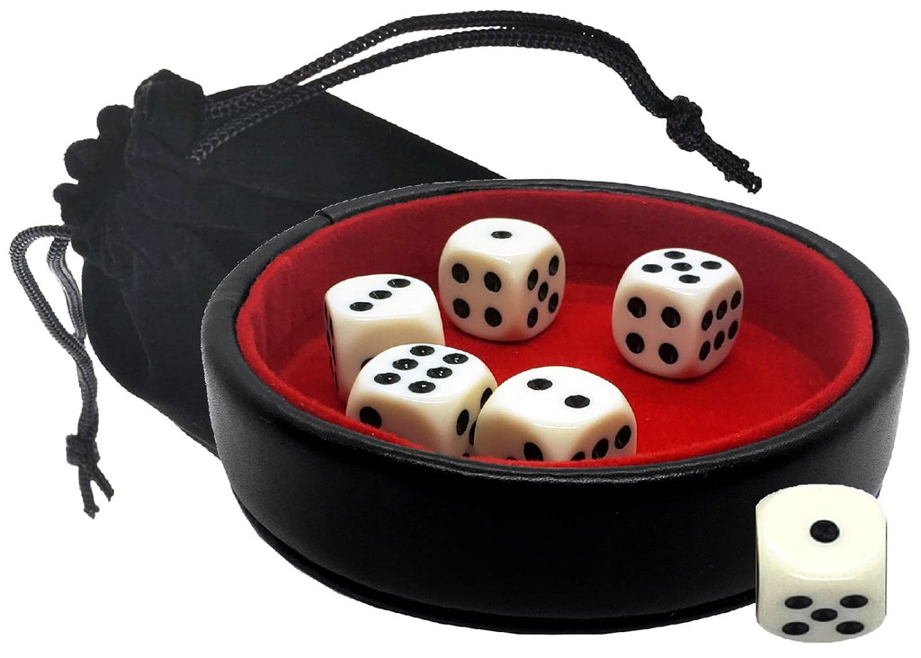 Compact Black PU Leather Dice Tray with Premium Red Felt Lined + (6) Light Ivory Tone Pip Dot Dice + Storage Pouch (Cyber-Deals) - BeesActive Australia