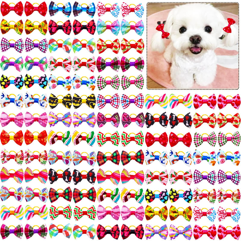 Mruq pet 100Pcs/50Pairs Dog Hair Bows, Cute Small Dog Hair Bows with Rubber Bands, Handmade Mini Dog Bows Ribbon Fabric, Pet Puppy Yorkie Dog Hair Bowknot Grooming Accessories Supplies A095-100pcs Small Dog Hair Bows - BeesActive Australia