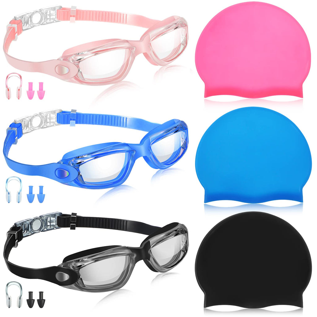 6 Pack Swim Goggles Silicone Waterproof Swim Cap Swimming Goggles for Women Men with Nose Plugs Earplugs Regular Style - BeesActive Australia