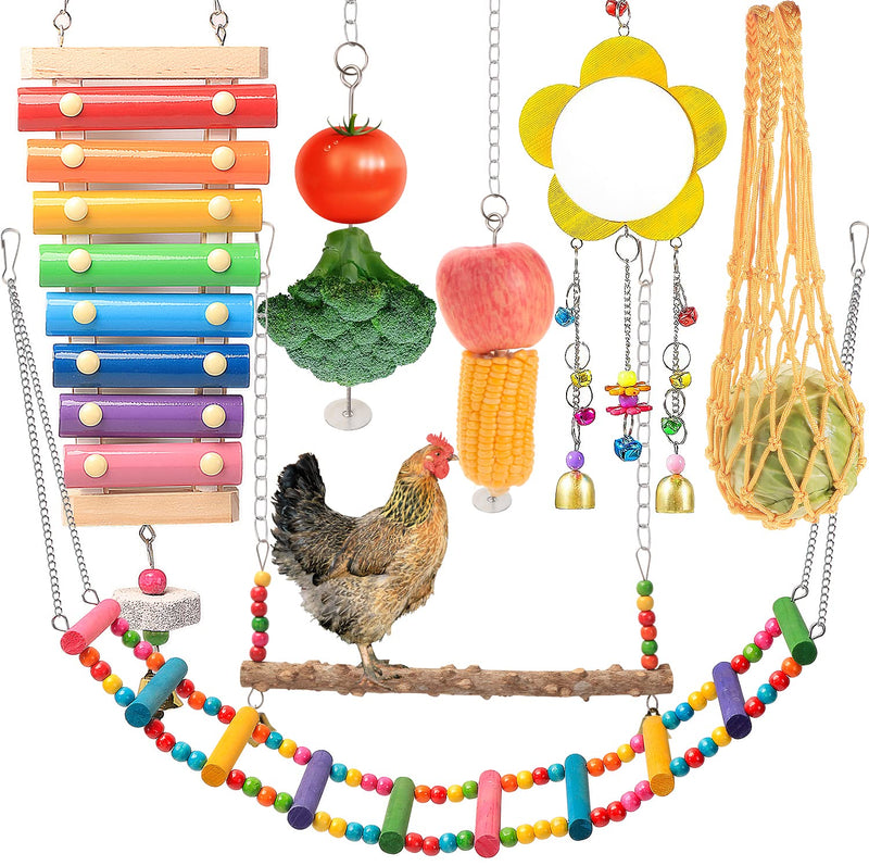 KAKUNM Chicken Toys for Coop 7PCS | Chicken Xylophone | Chicken Swing Set | Chicken Mirror Toy | Chicken Flexible Ladder | Chicken Vegetable String Bag and Hanging Feeder - BeesActive Australia