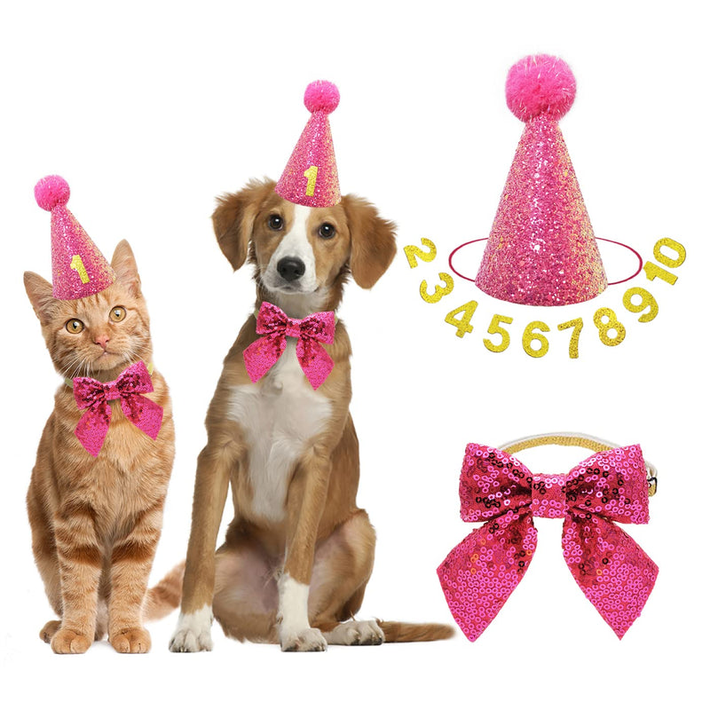 IDOLPET Cat Birthday Hat and Bowtie Dog Birthday Hat Reusable Cute Cone Hat with 0-9 Figure Doggy Bow Tie for Dog Adult Cat Birthday Party Supplies Costume Grooming Headwear Hair Accessories Pink - BeesActive Australia