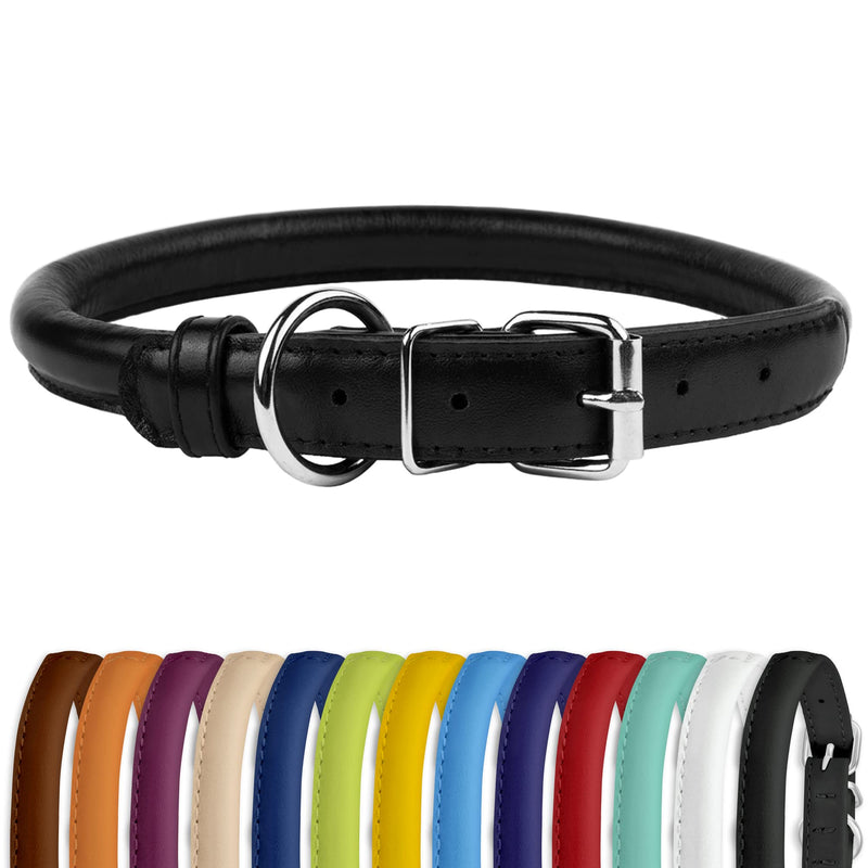 CollarDirect Rolled Leather Dog Collar, Soft Padded Round Puppy Collar, Handmade Genuine Leather Collar for Dog Small Large Cat Collars Black Pink Red Purple Blue 8-11 Inch Black Smooth - BeesActive Australia