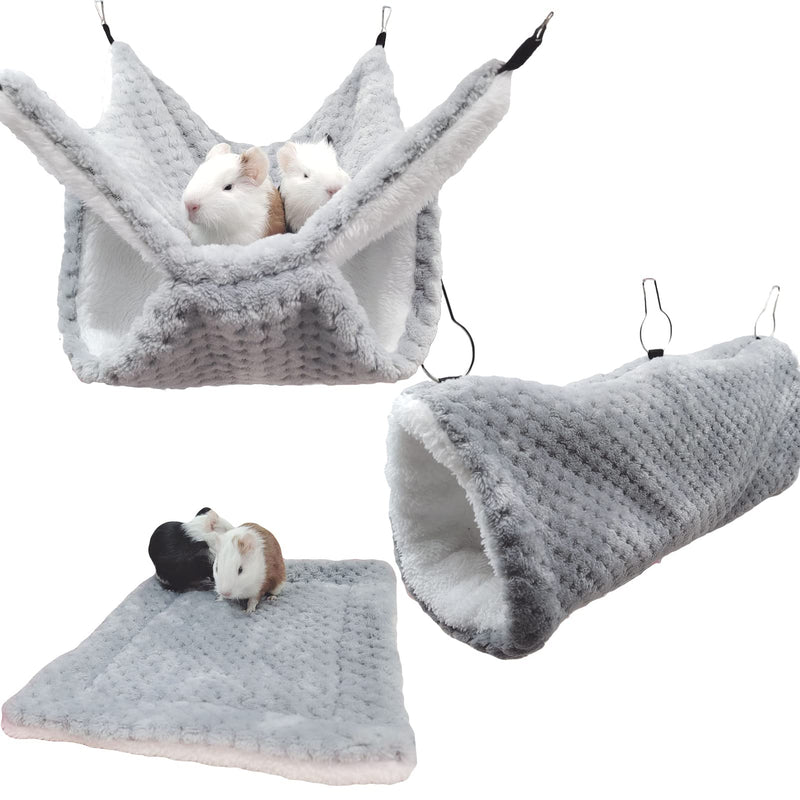 SEIS 3 Pcs Plush Hamster Hammock Set Sugar Glider Hanging Cage Accessories Set Small Animal Hammock Channel Mat for Guinea Pig Rat Gerbil Squirrel Birds Parrot Grey - BeesActive Australia