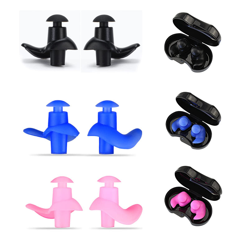 6Pairs Swimming Ear Plugs, Reusable Silicone Earplugs with Waterproof&Sound Hole Design with Storage Box for Adult Kids Surfing Swimming Showering Snorkeling (Blue, Pink, Black) - BeesActive Australia