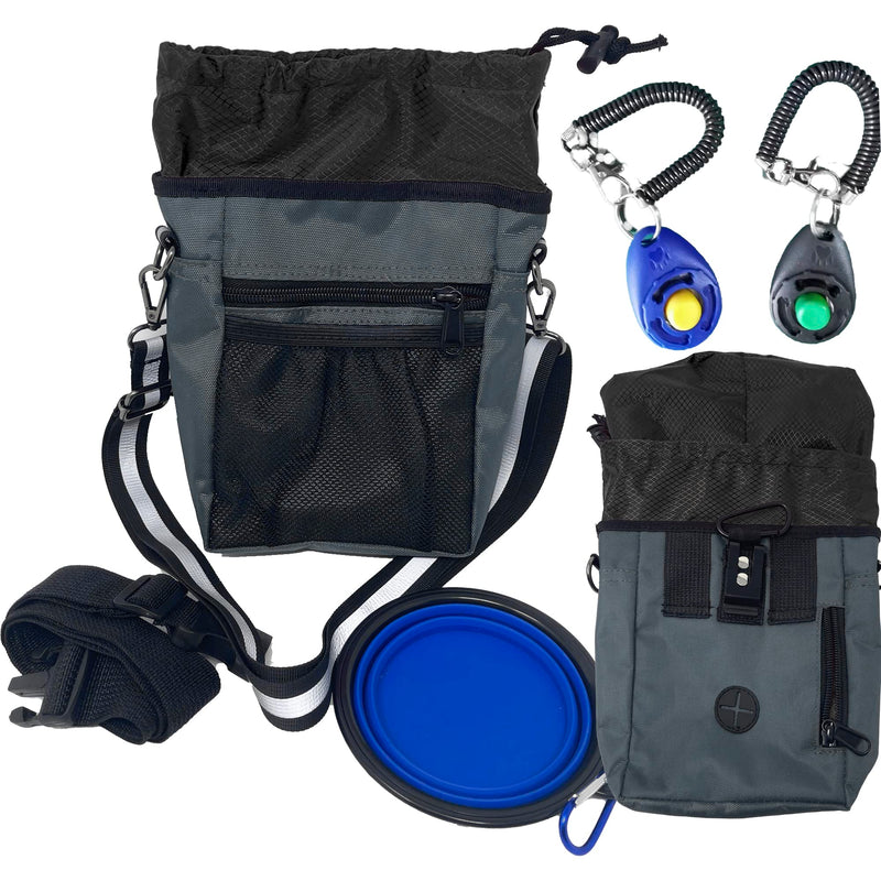 Jalousie Dog Training Pouch with Training Clicker and Water Bowl - 5 Ways to Wear - Carry Toys, Treats for Positive Reinforcement - Built-in Poop Bag Dispenser Grey - BeesActive Australia
