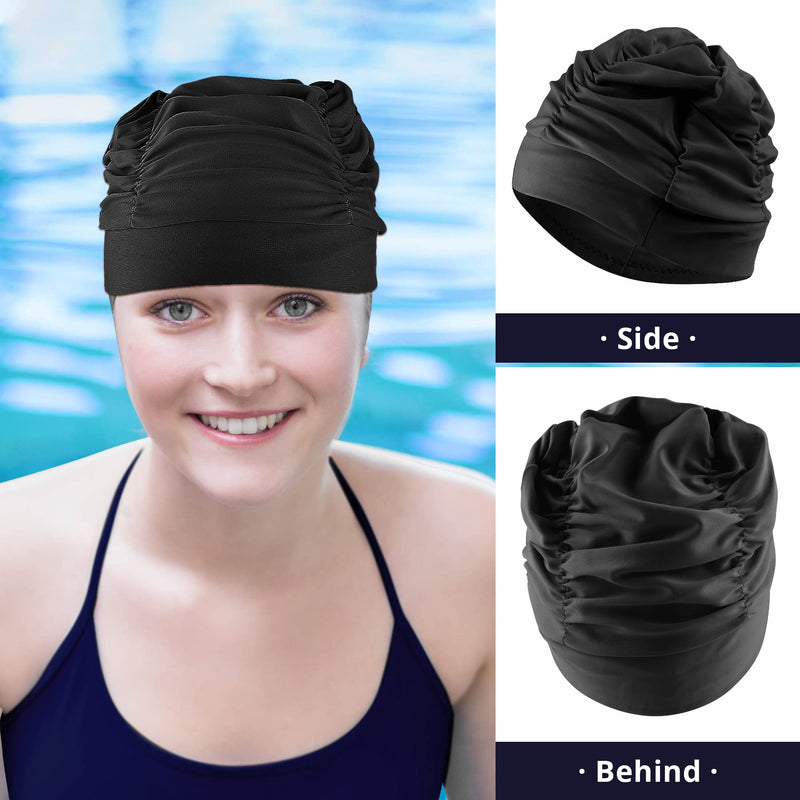 WooWill Swim Caps for Women Swimming, Colorful Printed Swimming Cap for Women Large Lycra Nylon Cloth Swim Cap 14 Style Pleated Elastic Bathing Cap for Long Hair & Thick Curly Hair 12 Bright Black - BeesActive Australia