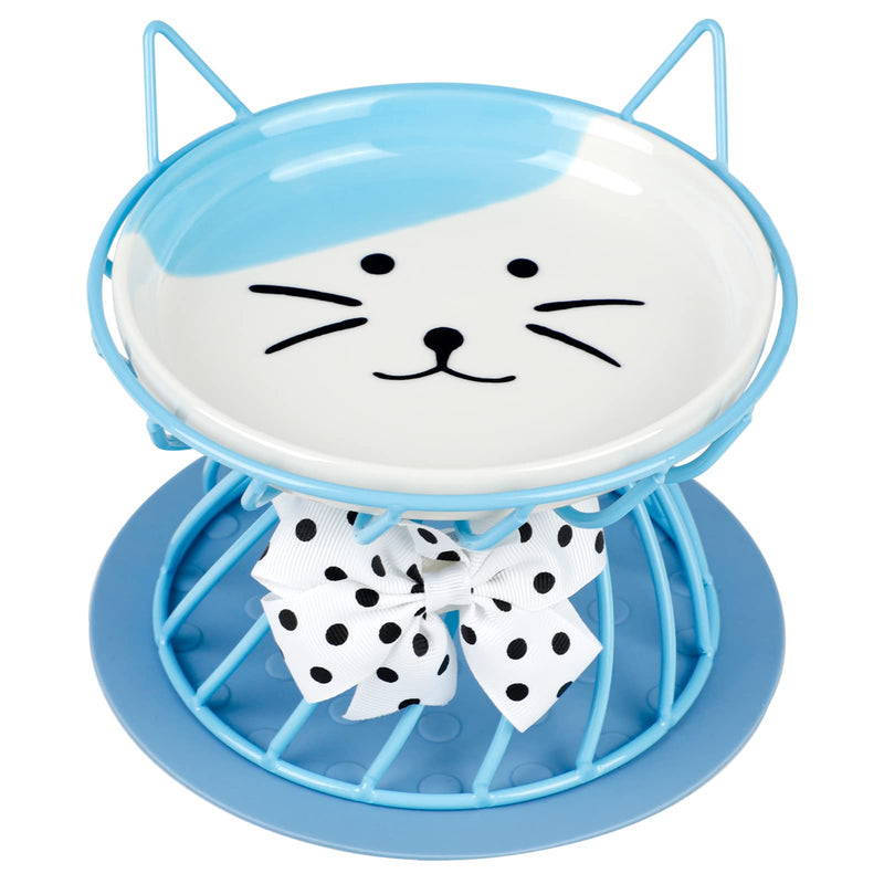 Dorakitten Elevated Cat Ceramic Bowls: Raised Cat Food Bowl, Cute Cat Feeder Bowl Stand, Food & Water Anti Vomiting Shallow Ceramic Cat Dish, with Non-Slip Mat Pet Bowl for All Cat Blue - BeesActive Australia