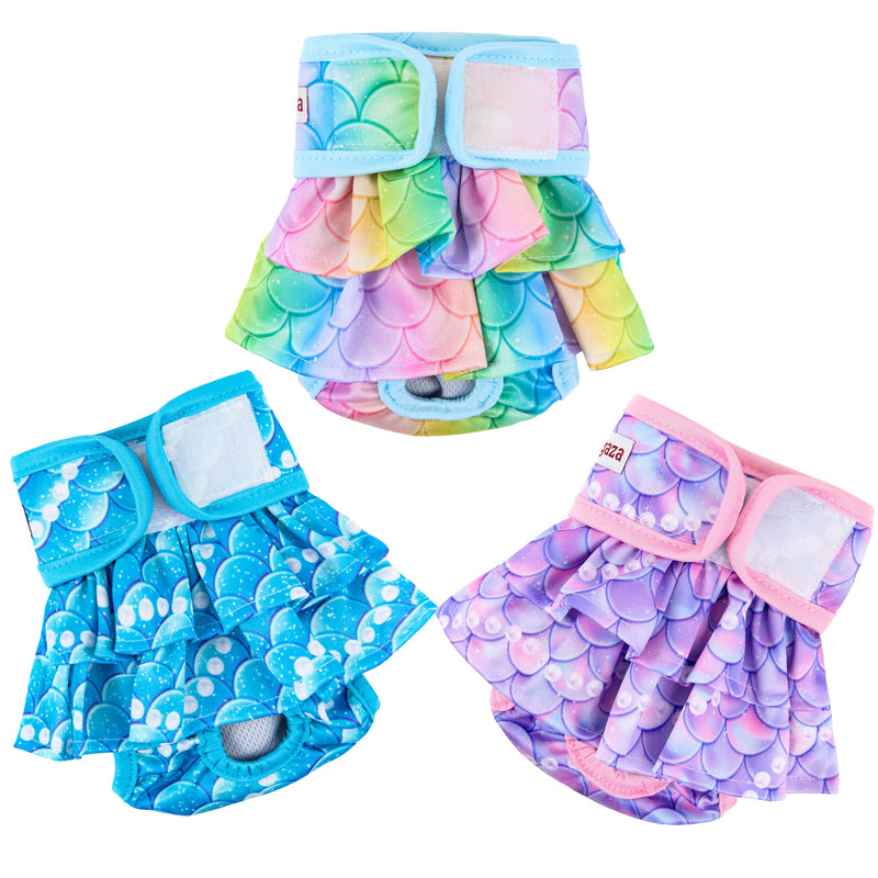 Fuz Bigaza Dog Diapers Female (3 Pack), Reusable Pet Diapers for Female Dogs, Washable Dog Panties Diaper Skirt for Dogs in Heat, Period, Incontinence, or Excitable Urination Mermaid Small (Pack of 3) - BeesActive Australia