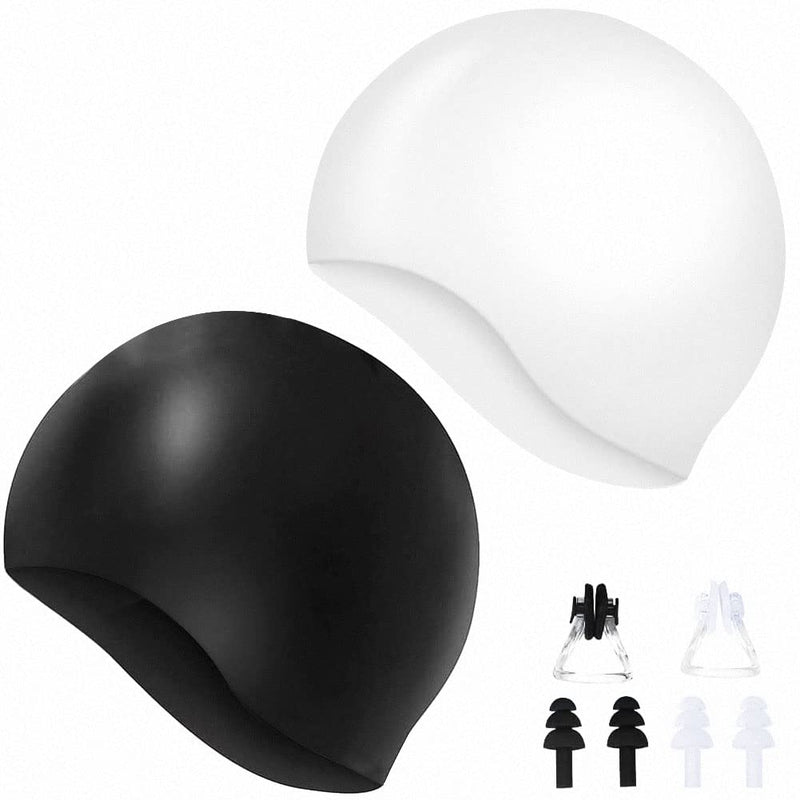2 Pack Unisex Swim Caps Waterproof Silicone Swimming Caps Durable Elastic Non-Slip Bathing Swimming Pool Caps with Ear Plugs & Nose Clips for Women Men Adults Boys Girls Black&White - BeesActive Australia