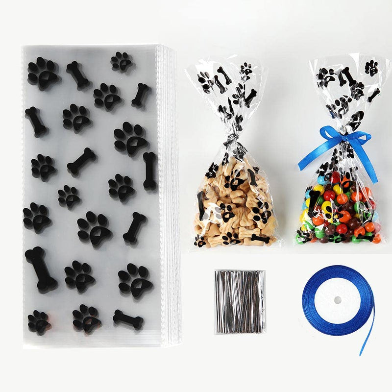 Mosoisy 100 Pack Paw Print Clear Plastic Cellophane Bags - Dog Paw Treat Bags 10.5X5" With Ribbon and Twist Ties Dog Gift Bags Candy Bags Cookie Bags Treat Bags with Ties and Ribbon Cellophane Treat Bags for Dog Party Favor and Supplies - BeesActive Australia