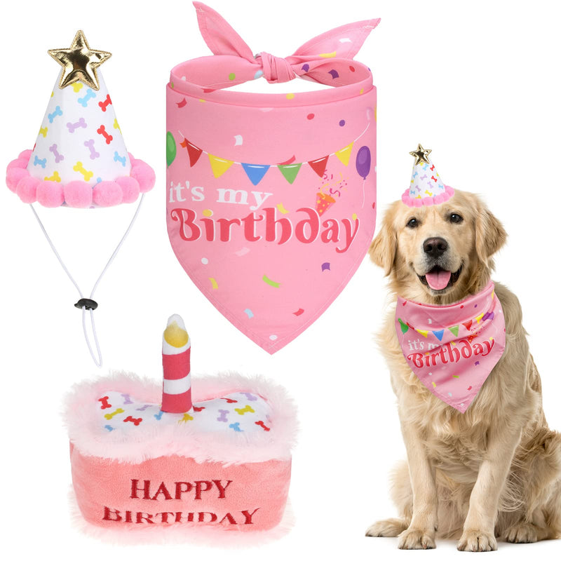 EXPAWLORER Dog Birthday Party Supplies - Cute Dog Birthday Hat, Birthday Bandana Scarf, Festive Birthday Cake Dog Squeaky Chew Toy, Dog Themed Birthday Party Supplies Gift Pink - BeesActive Australia