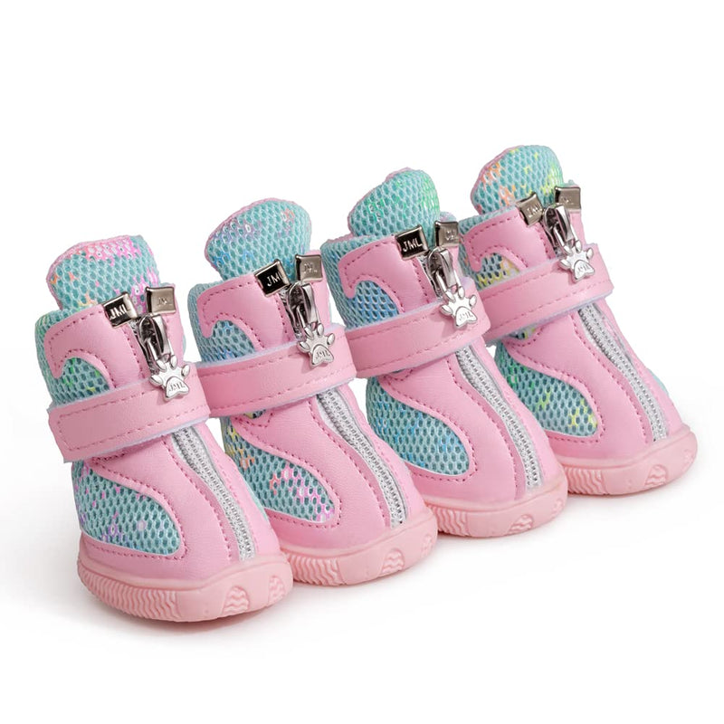 Hdwk&Hped Small Dog Boots, Breathable Mesh Summer Dog Shoes Pink Stylish PU Dog Girl Booties with Durable Non-Slip Rubber Sole Fluorescent Style - Pink #4 (10~15lb) - BeesActive Australia