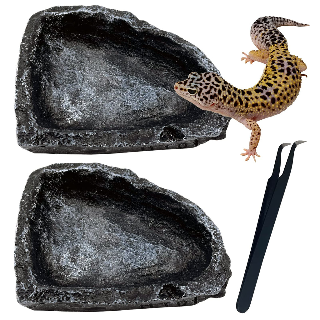 2 Pack Reptile Food Bowls - Reptile Water and Food Bowls with Tongs Imitating Natural Rock，Breadworm Feeding for Leopard Gecko Lizard Spider Scorpion Chameleon 2 Pcs deep color - BeesActive Australia