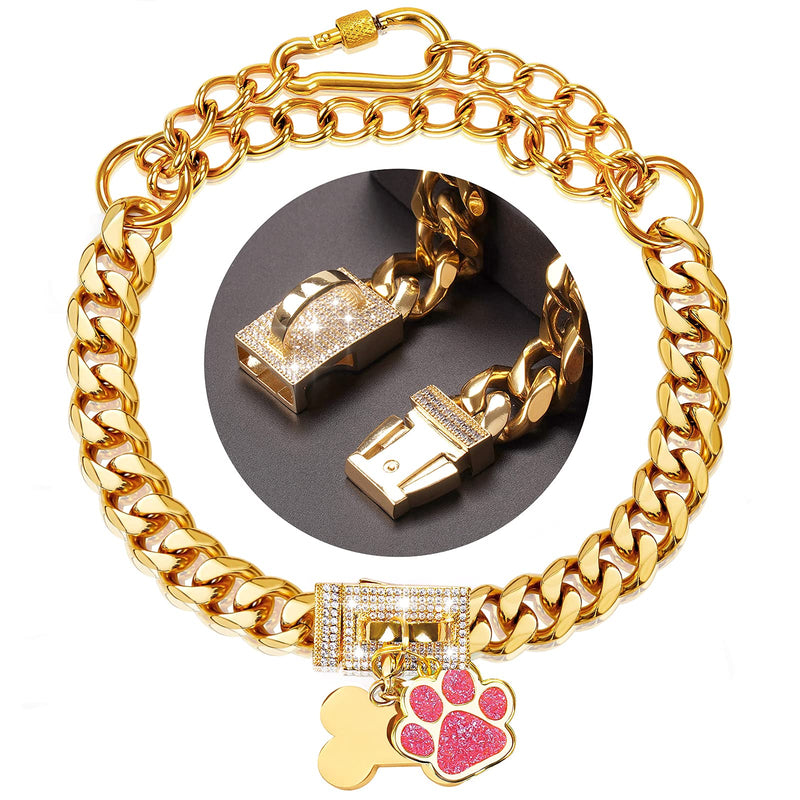 Gold Dog Chain Collar, Singda 18K Cuban Link Chain with Safety Buckle Lock, Strong Stainless Steel Metal Links, Walking Training Collars Necklace for Puppy Small Medium Large Dogs S (Adjustable Size of 10"-16") - BeesActive Australia