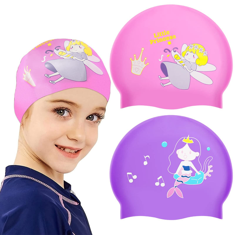 KFFPET 2 Pack Kids Swim Cap (Age 4-12), Durable Waterproof Silicone Swimming Cap for Kids Long Hair Short Hair, Children Cartoon Swimming Hat for Boys Girls purple & pink - BeesActive Australia