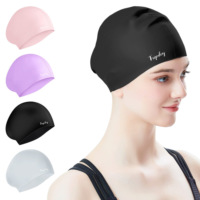 Tripsky Silicone Swim Cap for Long Hair | Swimming Cap for Women Men Teenager | Curved Bathing Cap Ideal for Curly Short Medium Long Thick Hair,Keep Your Hair Dry & Unchanged Black 1 - BeesActive Australia