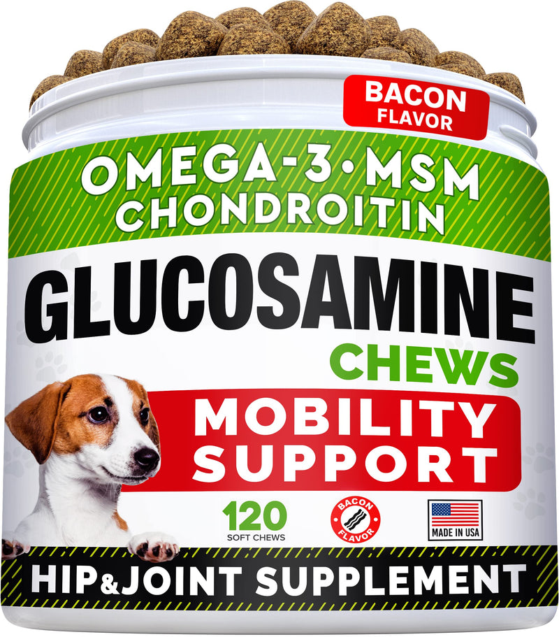 STRELLALAB Glucosamine Treats for Dogs - Joint Supplement w/Omega-3 Fish Oil - Chondroitin, MSM - Advanced Mobility Chews - Joint Pain Relief - Hip & Joint Care - Made in USA Bacon 120 Treats - BeesActive Australia