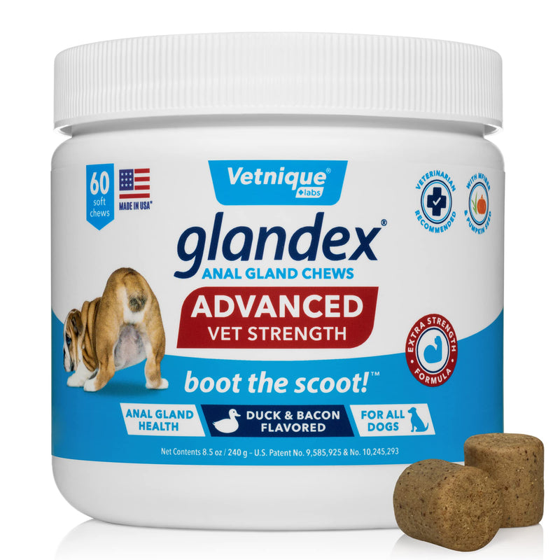 Vetnique Labs Glandex Advanced Strength Anal Gland Soft Chews with Mega Fiber for Dogs, Digestive Enzymes, Probiotics - Vet Recommended to Boot The Scoot Vegan Duck & Bacon 60ct Chews - BeesActive Australia