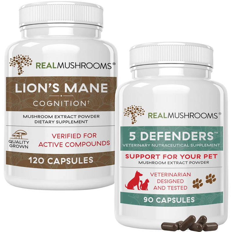 Real Mushrooms Lions Mane for Humans (120ct) & 5 Defenders for Pets (90ct) - Capsules Bundle - Cognitive Support & Immune Strength - Vegan, Non-GMO, Organic, Gluten-Free - BeesActive Australia