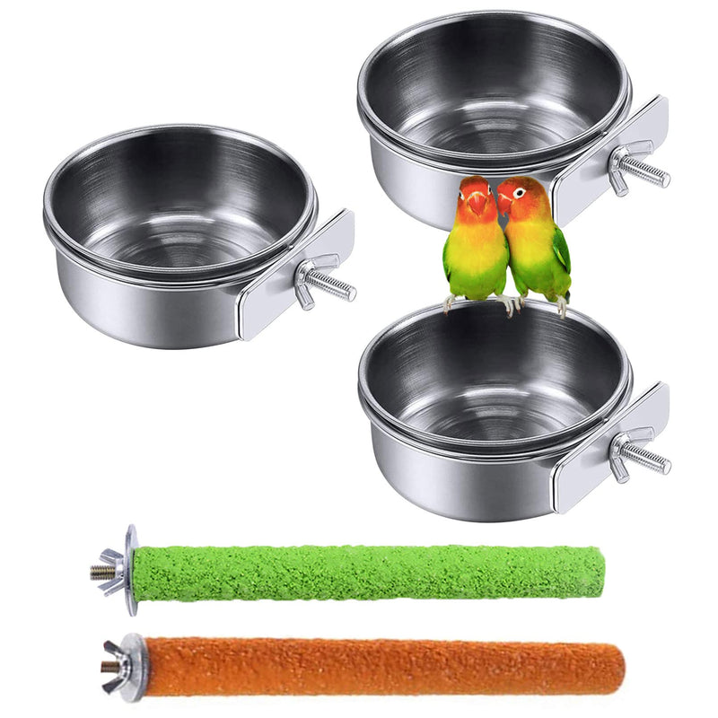 PINVNBY Bird Feeding Dish Cups Parrot Stainless Steel Food Water Dish Perch Stand Platform Paw Grinding Toy Feeder Cage Bowl with Clamp Holder for Budgies Parakeet Macaw Small Animal (5 Pack) 3PCS-L - BeesActive Australia