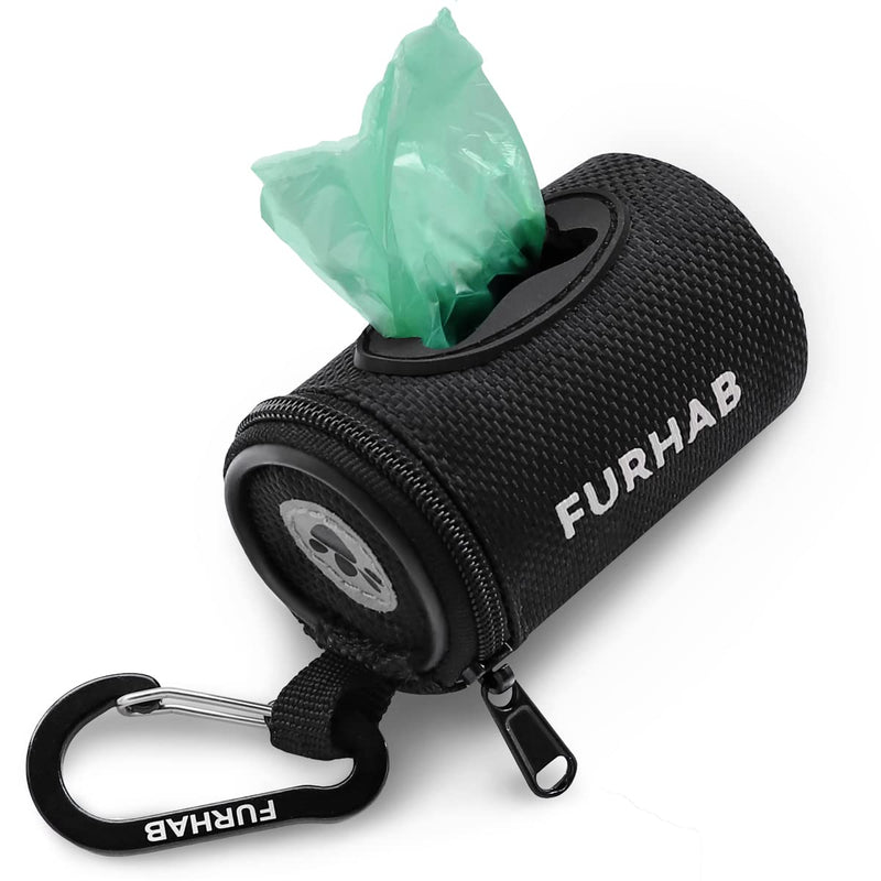 FURHAB Dog Poop Bag Holder Doggie Waste Bag Dispenser for Leash 1680D Nylon Oxford Small Zipper Pouch with Carabiner Clip for Belt Bone-Shaped Opening Portable Set with 1 Roll of Pet Trash Bags, Black - BeesActive Australia