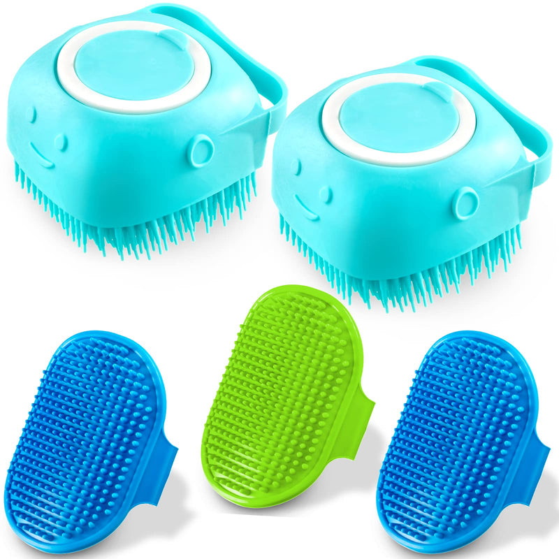 5 Pieces Dog Bath Brush Dog Grooming Brush Pet Bath Brush with Adjustable Ring Handle Dog Bath Brush with Soap Dispenser Dog Bathing Brush for Dogs and Cats Grooming (Green, Blue) Green, Blue - BeesActive Australia