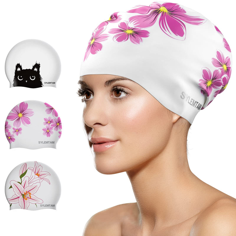 SYLEMTAM Swim Cap Women, Silicone Swimming Caps for Long Hair Anti Slip Waterproof Swim Caps for Womens Adult, Comfortable Bathing Cap Swimming Hats Fit for Curly Short Medium Long Thick Hairs Daisy - BeesActive Australia