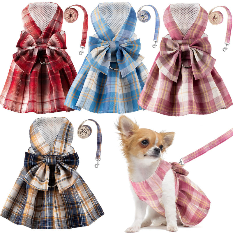 4 Pcs Plaid Dog Dress Bow Tie Harness Leash Set Harness Dress for Small Dogs Cute Dog Pet Girl Puppy Summer Clothes for Female Summer Bunny Rabbit Clothes Yorkie Chihuahua Training Walking XS - BeesActive Australia