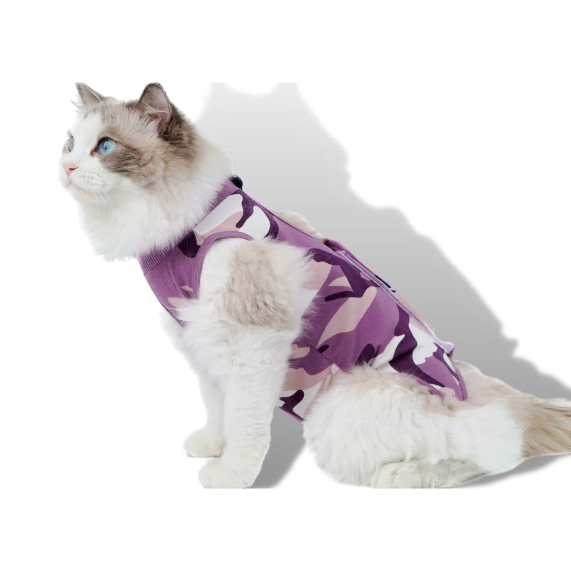 TORJOY Cat Dog Recovery Suit, Abdominal Wounds Cone E-Collar Alternative Anti-Licking Or Skin Diseases Pet Surgical Recovery Pajama Suit, Soft Fabric Camouflage Onesies for Cats Medium purple - BeesActive Australia
