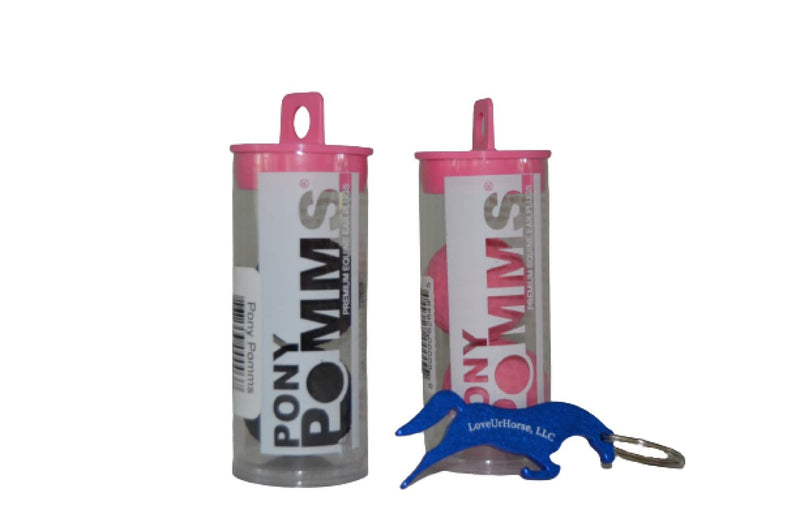 Pomms Pony Equine Ear Plugs - Bundle of 2 Pairs of Pony Size - 1 Pair of Black and 1 Pair of Pink - Ear Plugs with a Horse Shaped Bottle Opener Keychain - BeesActive Australia