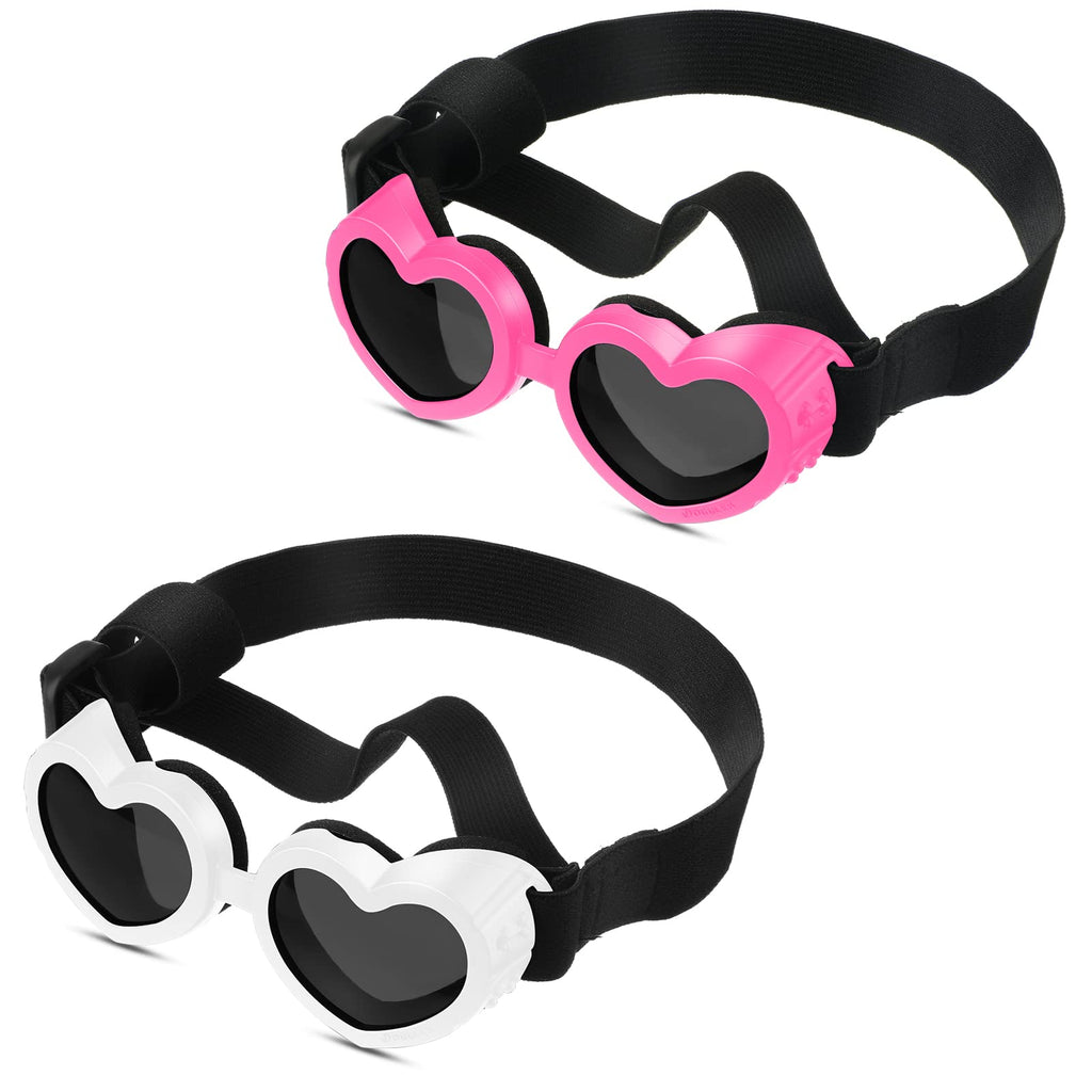 2 Pcs Small Dog Sunglasses UV Protection Goggles Waterproof Dog Goggles with Adjustable Strap Dust Protection Fog Protection Dog Glasses Heart Goggles for Dogs Doggy Pet Puppy Pink, White - BeesActive Australia