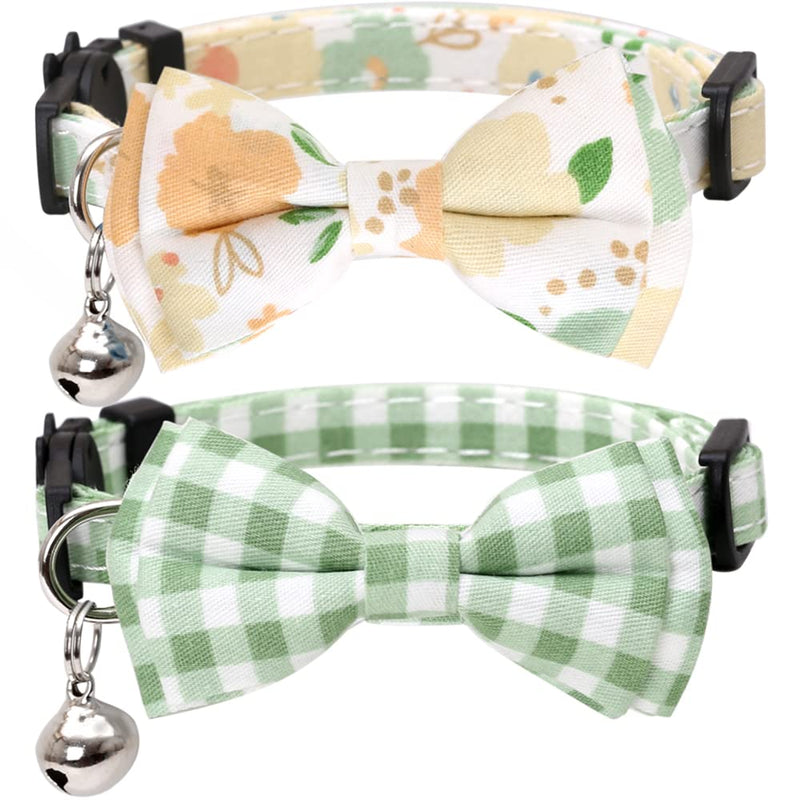 Lamphyface 2 Pack/Set Cat Collar Breakaway with Cute Bow Tie and Bell Plaid Flower for Kitty Adjustable Safety Green - BeesActive Australia