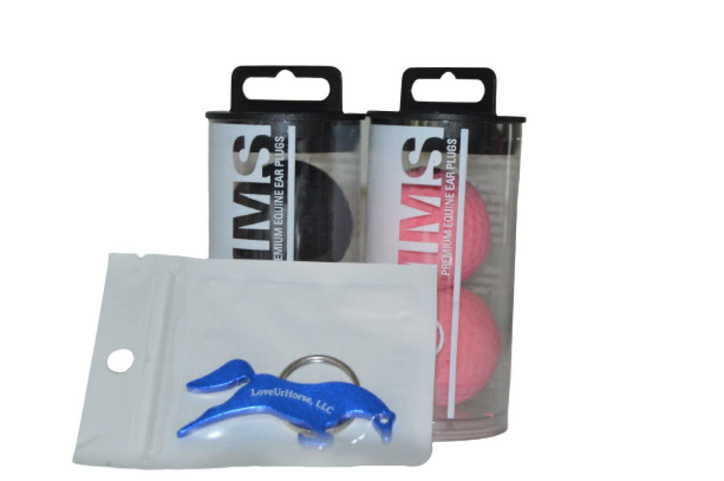 Pomms Equine Ear Plugs - Bundle of 2 Pairs of Horse Size - 1 Pair of Black and 1 Pair of Pink - Ear Plugs with a Horse Shaped Bottle Opener Keychain - BeesActive Australia