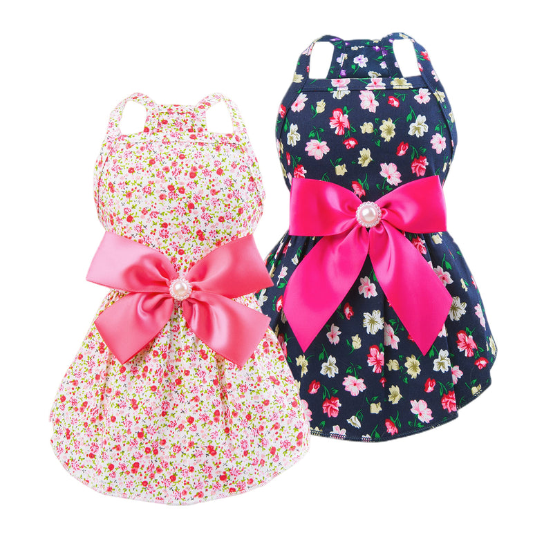 MSNFOASM 2pcs-New Spring Summer Puppy Dog Dress,Cute Colored Sun Flower Dog Bow Skirt for Small Girl Dogs XXS/(Chest 10",Back 8") RoseRed+Pink - BeesActive Australia