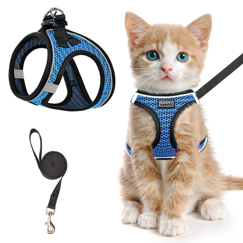 Cat Harness and Leash for Walking Escape Proof, Adjustable Kitten Vest Harness Reflective Soft Mesh Puppy Harness for Outdoor, Comfort Fit, Easy to Control S Blue - BeesActive Australia